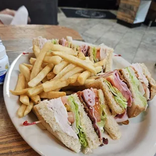 Ham, Bacon, Turkey Club on Sourdough with Fries
