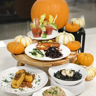 a variety of dishes on a table