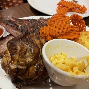 Rib, brisket &amp; chicken combo with mac &amp; cheese and  sweet potato fries