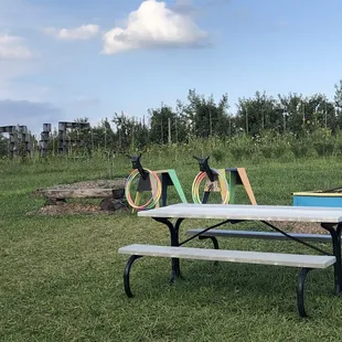 a picnic table in a field