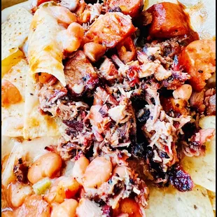 LOADED NACHOS - Chips, Brisket, White Queso, Sausage, Beans &amp; BBQ