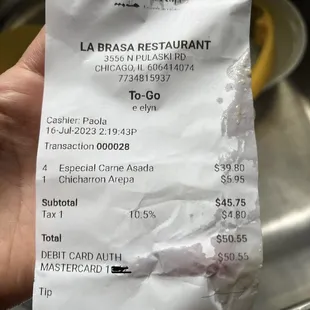 a receipt for a restaurant