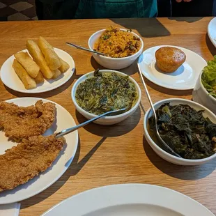 Side dishes (half-sized,) 1/4lb fried catfish, and cornbread.