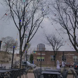 Outdoor patio area with lights