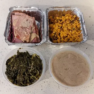 Top row: mustard and cider-glazed smoked ham, and yellow rice with pigeon peas and smoked ham. Bottom: collard greens and gravy
