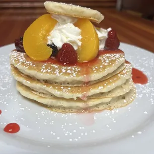 Strawberry , peaches pancakes