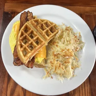 Bacon,eggs , cheese waffle