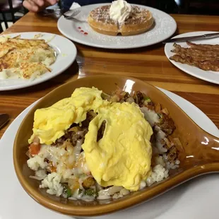 Mexican Skillet, hash browns, waffle, side of bacon