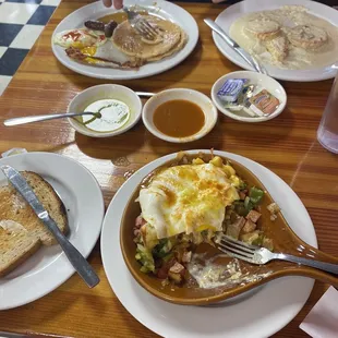 Gypsy skillet, Biscuits and Gravy, and pancake Big Combo 1. (Couldn&apos;t resist starting to eat before taking picture)