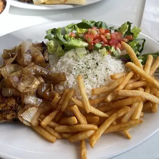 a plate of food with french fries