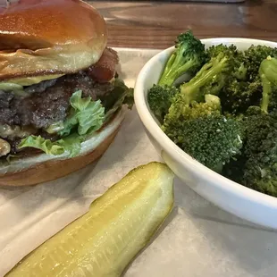 Hermano Americano burger with Lemon Pepper Broccoli