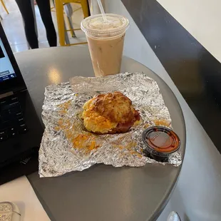 Irish Man Iced Coffee and Biscuit egg sandwich