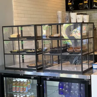 Pastry display and bottled drinks