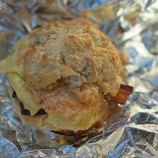 Breakfast biscuit sandwich with bacon, egg &amp; pimento cheese.