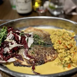 LOUP DE MER Seared &amp; Butterflied Whole Branzino, Israeli Couscous