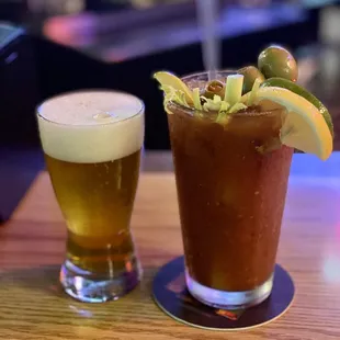 Brat Stop's liquid breakfast. Bloody Mary with a Moon Man chaser. Delicious!