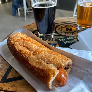 a hot dog and a beer