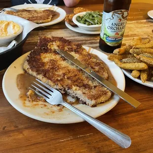 Pork Schnitzel, green beans, pickle fries