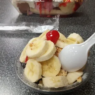 Late night snack. Banana split and single dip banana fudge sundae.