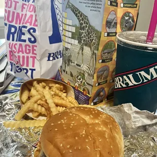Jalapeno pepper jack burger, fries, cold drink, and Ranger Rick Jr kids meal