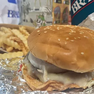 Jalapeno pepper jack burger and fries