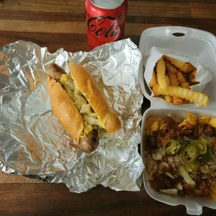 Braut w/ Sauerkraut, Fries and Frito Pie