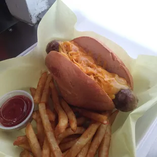 Brat with mustard and melted cheddar.