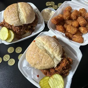 Hot chicken sandwich, hot tots