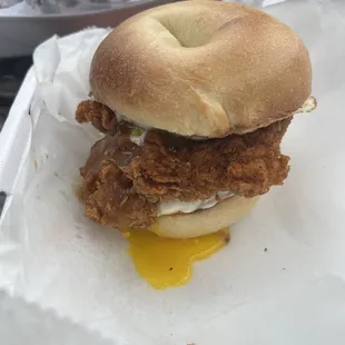 Hot chicken bagel of destiny &amp; spicy chicken breakfast burrito.