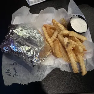 Crunch smash, unopened with crinkle fries and a side or reaper ranch, smash sauce not pictured.