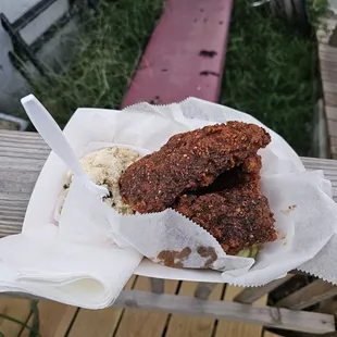 Hot chicken and potato salad.