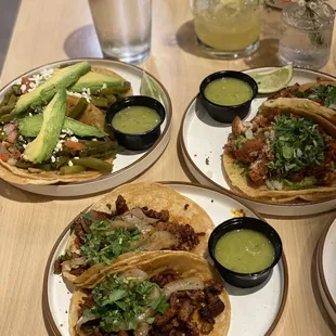 Al pastor tacos, pork belly tacos, cactus tacos