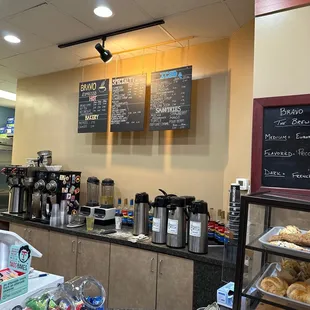 a counter with a variety of food items