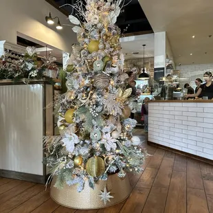 a christmas tree in a restaurant