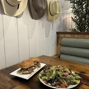 Tri tip salad, pulled pork burger