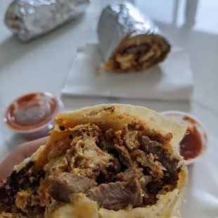 Steak + chorizo breakfast burrito. Not the best.