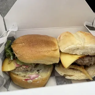 Left: Agapi (arugula, beet, Gouda, herb aoili) with chicken Right: Western (French onions, jalapeños, Gouda and BBQ) with a pork patty.