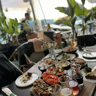 Wine flight, ricotta fig, tomato tahini, tuna conserva toast, crispy potatoes, quinoa salad, beef meatballs