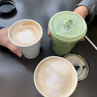 Doheny latte, strawberry matcha, and honey vanilla latte
