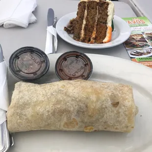 Sausage breakfast burrito, carrot cake.