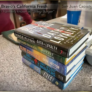 I thought the books were for patrons to read while spending time @ the restaurant. Wrong; a regular donated them to the workers. Cool.