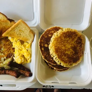 All this can be yours! Daily Breakfast Special, stack of pancakes &amp; a side of grits.