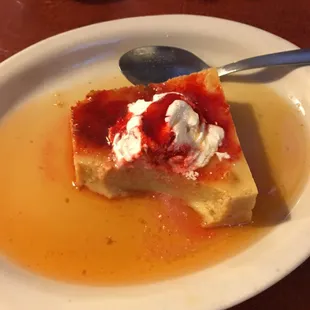 The flan was a bit more solid than I have had before, but it was still good. The strawberry purée and whipped cream were unnecessary.