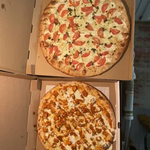 Buffalo Chicken Pizza and margarita pizza