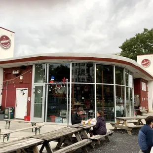 people sitting at picnic tables