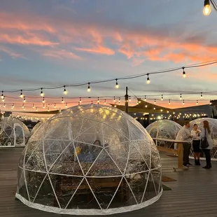 a group of people sitting in a glass dome