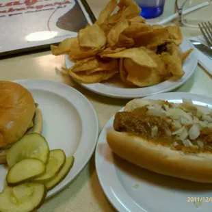 My own sampler: Cheeseburger, Coney Island Dog, homemade chips.  $5.80/all.
