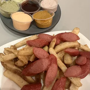 Salchi-papas (sausage &amp; fries) with dipping sauces