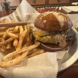 make your own burger &amp; their monthly specialty fries (everything but the bagel)