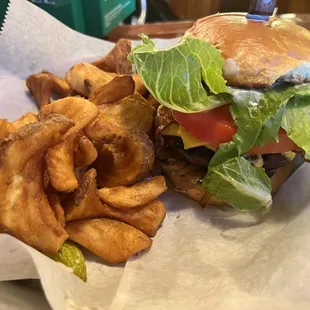 Monster burger with sidewinders (fry of the month)